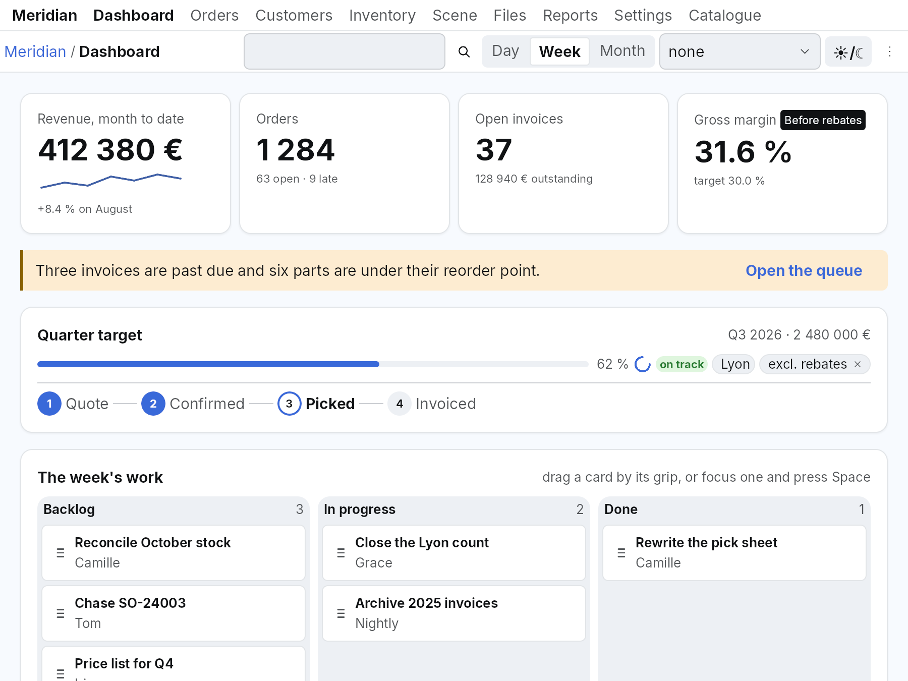 Meridian: a dashboard with revenue, orders, open invoices, a quarter target and a work list.