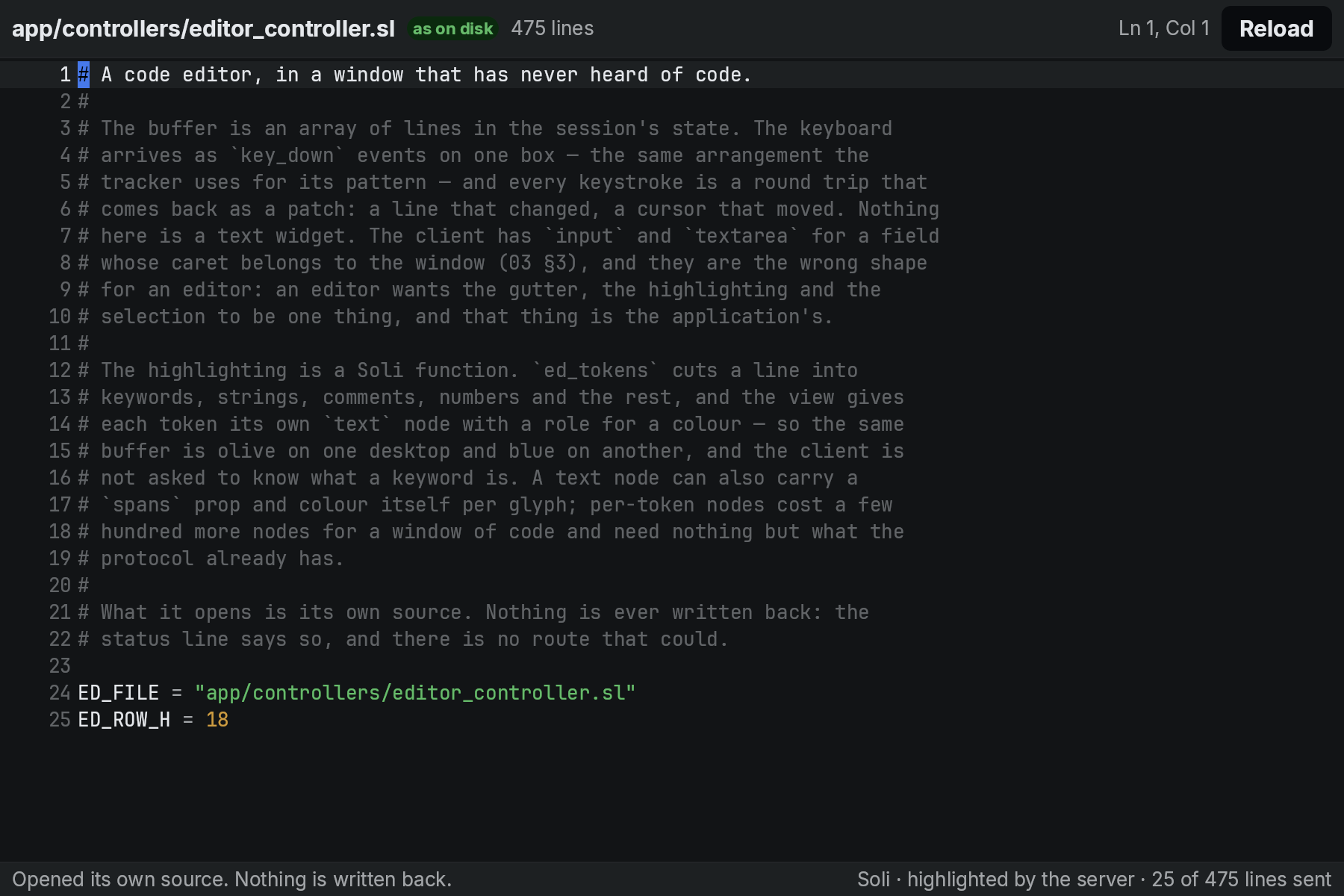The editor: a header with the file name, its state and the cursor position, a line-numbered gutter, the controller's own source with comments dimmed and strings and numbers coloured, and a status line.
