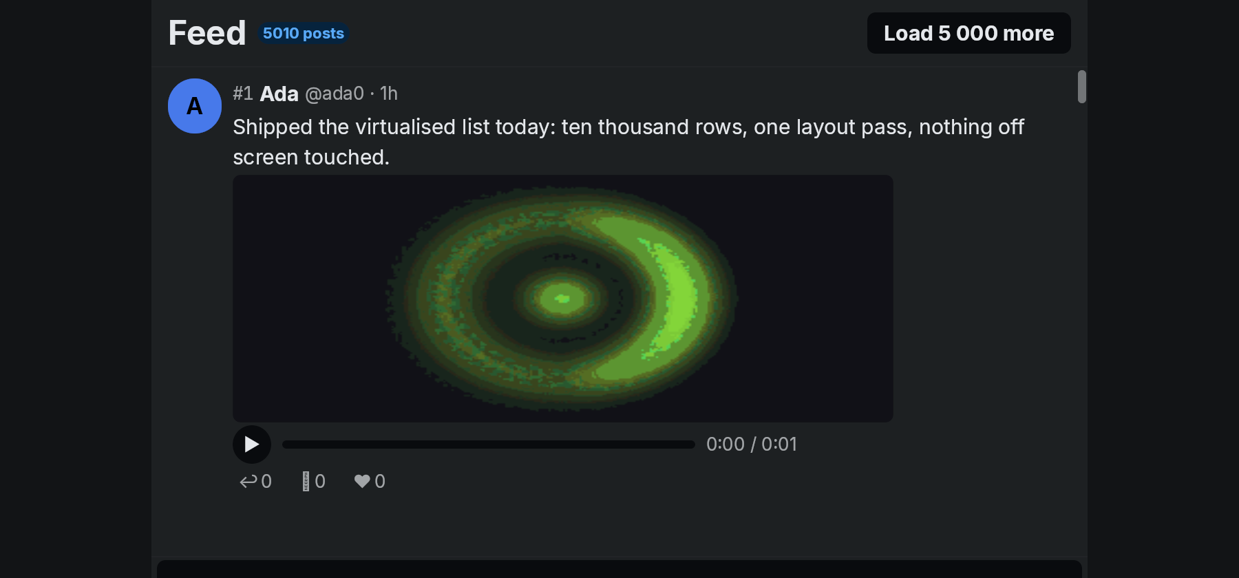The feed: a header with a post count and a load button, and a card with an avatar, text and a moving picture with a scrubber.