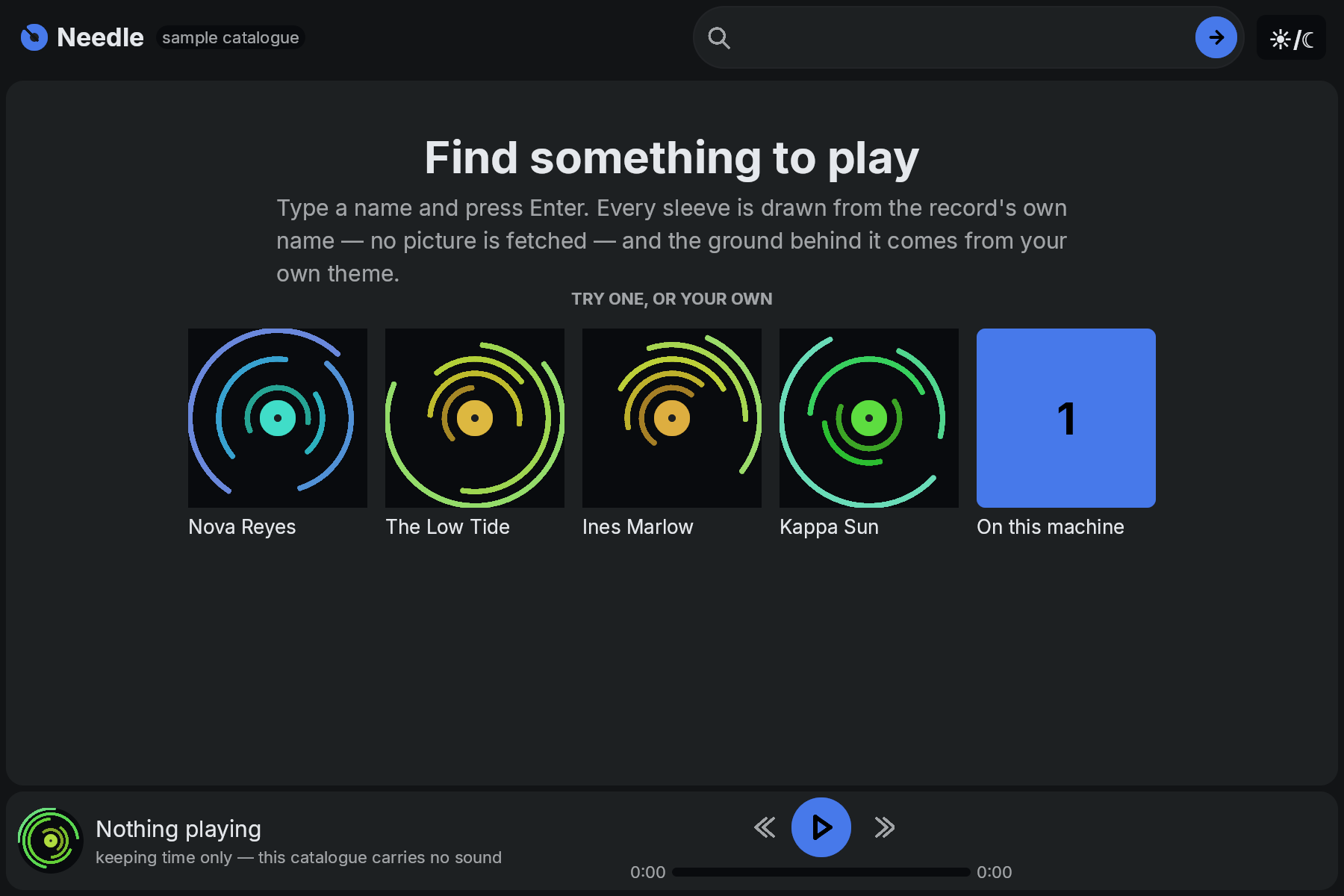 Needle: a search bar, five generated record sleeves, and a transport bar across the foot of the window.