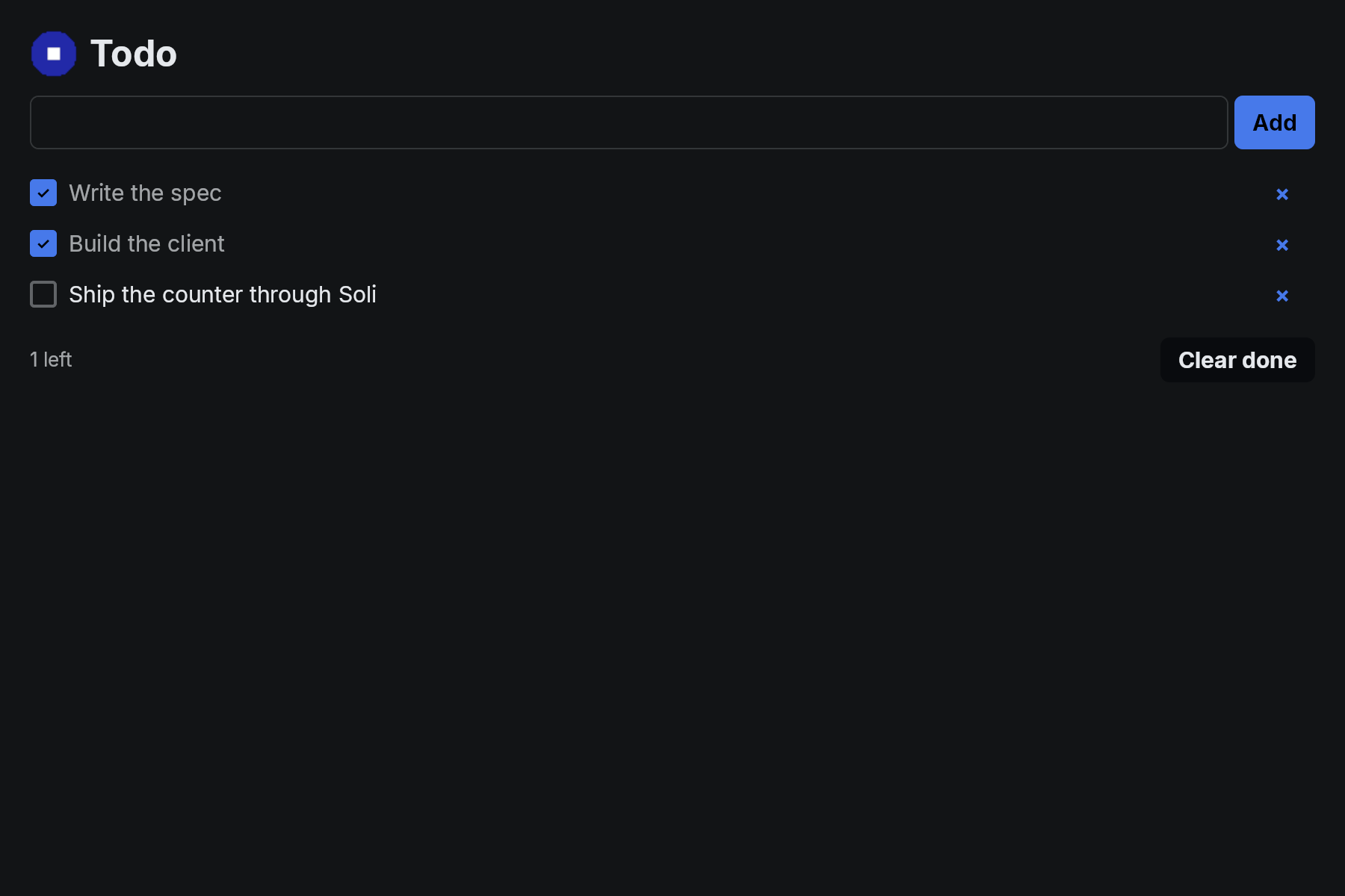 The todo list: an avatar and title, a text field with an add button, and four rows with checkboxes.