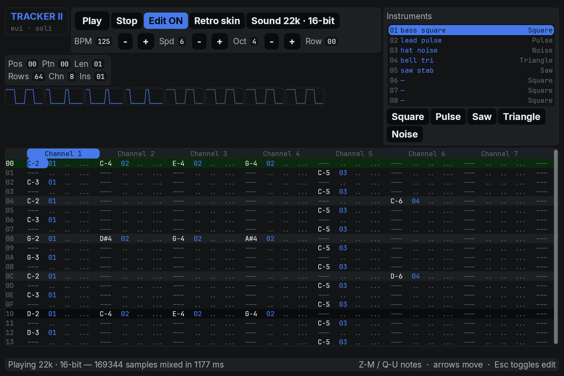 The tracker: a nameplate, transport and tempo panels, eight scopes, an instrument list, a channel heading strip and a 64-row pattern with the playing row lit.